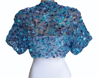 Aqua Navy Blue Winter Bolero Shrug, Knitted Winter Spring Bridal Wedding Cropped Jacket, Half Sleeves Evening Turquoise Plus Size Cover up