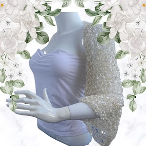 Off White Color Wedding Silky Bolero with Golden Thread, Crochet 3/4 Ruffle Sleeves Summer Bridal Romantic Shrug, Lace Party Cropped Jacket