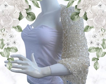 Bolero setoso da matrimonio bianco con filo dorato, coprispalle romantico da sposa estivo con maniche arricciate, giacca corta in pizzo