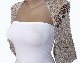 Crochet Silver Bridal Shrug Bolero, Half Sleeves  Wedding Cropped Jacket, Summer Silky Lace Wedding Shoulders Cover up