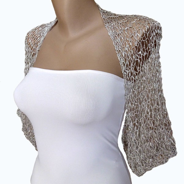 Crochet Silver Bridal Shrug Bolero, Half Sleeves  Wedding Cropped Jacket, Summer Silky Lace Wedding Shoulders Cover up