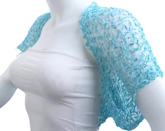 My Something Blue, Crochet Turquoise Bridal Bolero Shrug, Half Sleeves Silky Wedding Cropped Jacket, Bridesmaid Gift