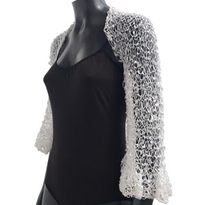 White Bridal Bolero, Crochet Wedding Shrug, Silky Summer Cover Up, 3/4 Ruffle Sleeves Jacket