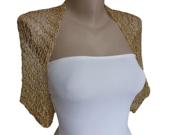 Summer Gold Bolero Jacket, Crochet Disco Party Dance Fine Cover Up, Bridal Wedding Glitter Shrug