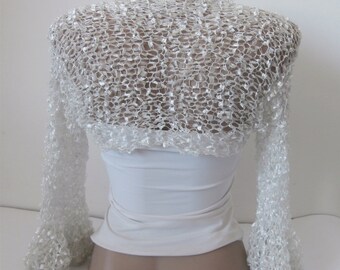 White Bridal Bolero, Wedding Shrug, Knitted Silk Cover Up, Ruffle Sleeves Jacket