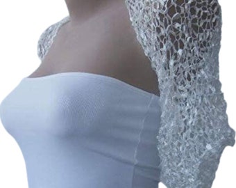 Summer Bridal Shrug, White Wedding Cropped Jacket, White SIlver Elegant Bolero