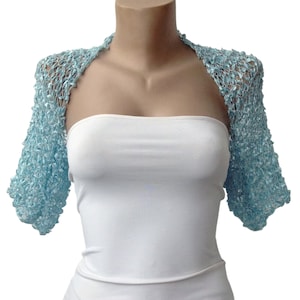 Light Blue Bolero shrug, Crochet Turquoise Wedding Cropped Jacket, Summer Half Sleeves Bridesmaid Bolero