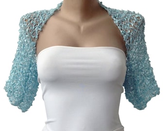 Light Blue Bolero shrug, Crochet Turquoise Wedding Cropped Jacket, Summer Half Sleeves Bridesmaid Bolero