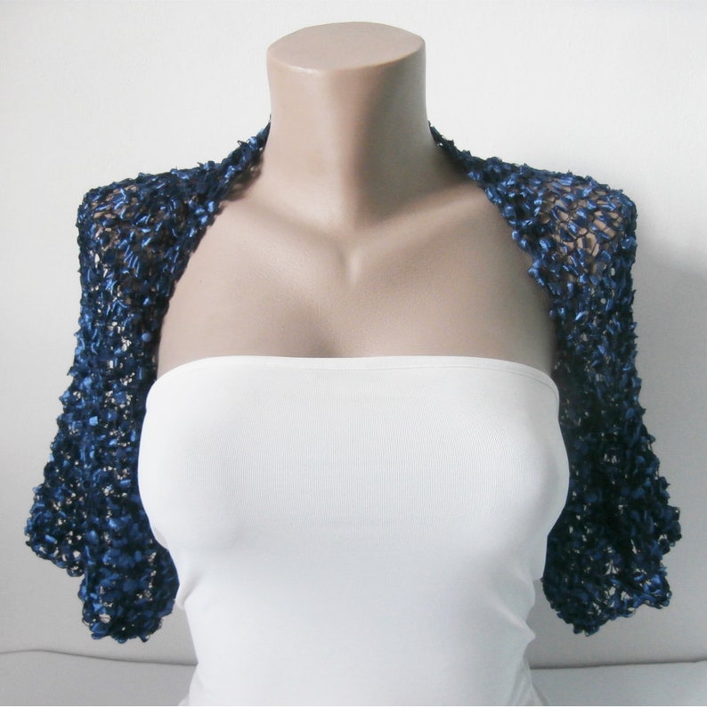 Knit Denim Blue Jacket Maid of Honor Gift Jacket Dark Blue Summer Shrug Bridesmaid Bolero Shrug