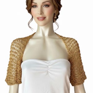 Gold Crochet Bolero Shrug, Glitter Yarn Bridal Cover Up