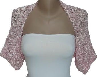 Pale Pink Summer Wedding Bolero Shrug, Crochet Bridesmaid Cropped Jacket, Bridal Handknitted Silky Cover up