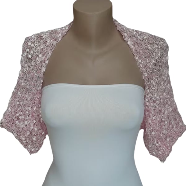 Pale Pink Summer Wedding Bolero Shrug, Crochet Bridesmaid Cropped Jacket, Bridal Handknitted Silky Cover up