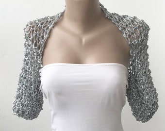 Metallic Silver Bridal Shrug, Crochet Summer Wedding Evening Bolero Jacket, Plus Size Metallic Gray Top