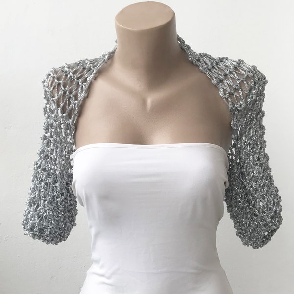 Metallic Silver Bridal Shrug, Crochet Summer Wedding Evening Bolero Jacket, Plus Size Metallic Gray Top