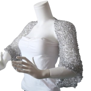 Silver Lace 3/4 Ruffle Sleeves Bolero Shrug, Crochet Party Dance Summer Loose Cropped Jacket, Wedding Bridal Silky Cover Up