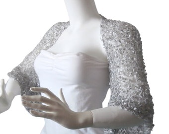 Silver Lace Ruffle Sleeves Bolero Shrug, Crochet Party Dance Summer Loose Cropped Jacket, Wedding Bridal Silky Cover Up