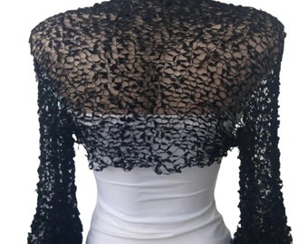 Black Crochet Bolero Shrug, Evening Summer Ruffle Sleeves Cropped Jacket, Dance Party Silky Shoulders Cover Up