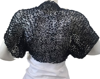 Evening Black Summer Knit Cropped Jacket, Silky Dance Party Bolero Shrug, Crochet Light Loose Cover up