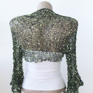 Crochet Green Bolero Shrug, Elbow Dark Green Bridesmaid Jacket, Mother of the Bride Summer Ruffle Sleeves Cover up image 6