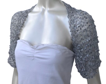 Gray Crochet Wedding Shrug, Grey Bridal Summer Bolero Jacket, Silky Dance Party Cover up, Plus Size Cropped Jacket