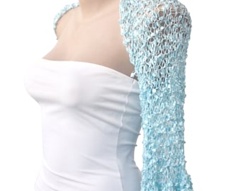 Turquoise Crochet Bridal Bolero Shrug, Aqua Blue Silky Wedding Cropped Jacket, Bridesmaid Ruffle Butterfly Sleeves Cardigan