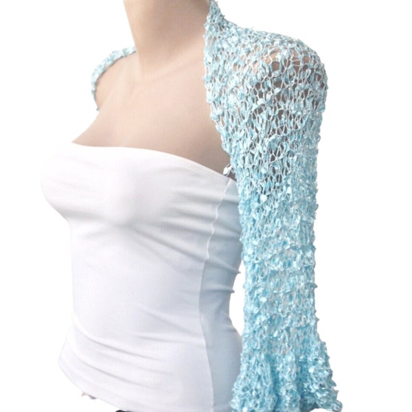 Turquoise Crochet Bridal Bolero Shrug, Aqua Blue Silky Wedding Cropped Jacket, Bridesmaid Ruffle Butterfly Sleeves Cardigan