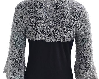 Silver Wedding Bolero Jacket, 3/4 Ruffle Sleeves Handknit Shrug, Crochet Summer Bridal Cover Up