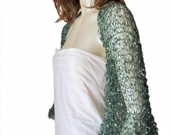 Emerald Green Bolero Shrug, Crochet Lace, Summer Elbow Sleeve Cover Up