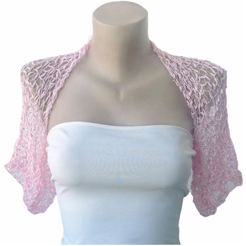 Pale Pink Crochet Wedding Bolero Shrug, Half Sleeves Summer Cropped Jacket, Dance Party Loose
