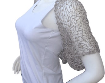 Beige Knitted Bolero Shrug, Light Brown Boho Dance Shrug, Summer Loose Crochet Bolero Cardigan, Half Sleeves Bridesmaid Wedding Shrug