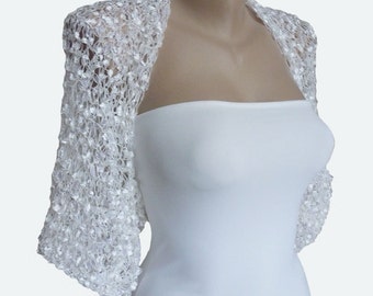 Crochet White Bridal Bolero Shrug, Half Sleeves Silky Summer Wedding Cropped Jacket