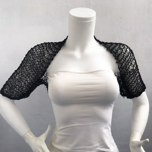 Schwarz Feiner Häkeln Abend Bolero Shrug, Feine Brokat Metallic Ärmel Jacke, Sommer Strand Disco Cover Up