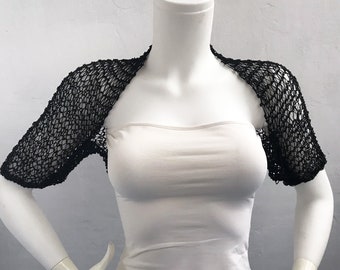 Coprispalle Bolero da sera in maglia fine nera, giacca con maniche metalliche in broccato fine, copricostume da discoteca estivo da spiaggia