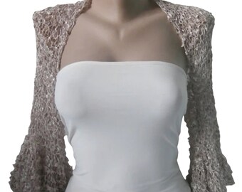 Nude Beige Wedding Bolero Shrug, Crochet Bridal Cropped Jacket, Ruffle Sleeves Maid of Honor Bridesmaid Bride Cover up