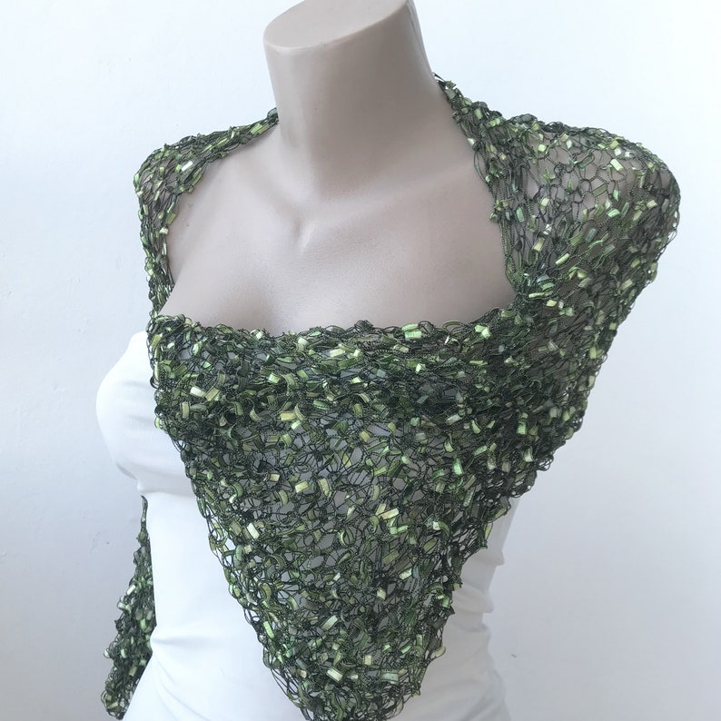 Crochet Green Bolero Shrug, Elbow Dark Green Bridesmaid Jacket, Mother of the Bride Summer Ruffle Sleeves Cover up image 7