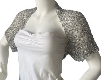 Crochet Metallic Cropped Jacket Bride, Silver Gray Wedding Bolero Shrug, Loose Half Sleeves Knit Bridal Cardigan, Summer Dance Party Shrug