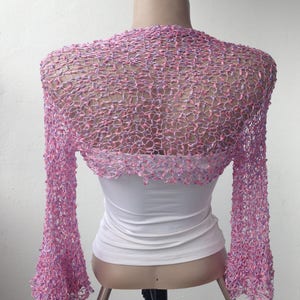 Ruffle Sleeves Pink Purple Summer Bolero Shrug, Crochet Silky Lace Bridesmaid Wedding Cropped Jacket with 3/4 Sleeves