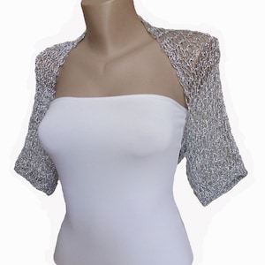 Silberne Hochzeit Bolero Shrug, Feine Brokat Metallic Halbe Ärmel Jacke, Häkeln Sommer Strand Disco Cover Up Bild 1