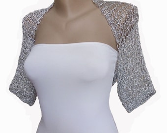 Gebreide zilveren bolero bolero voor bruiloft, fijn brokaat metallic jasje met halve mouwen, zomerse stranddisco-cover-up