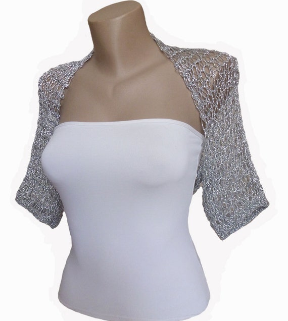 Knit Silver Wedding Bolero Shrug, Fine Brocade Metallic Half Knit Silver Wedding Bolero Shrug, Fine Brocade Metallic Half
