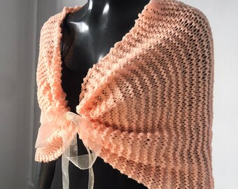 Peach Knitted Winter Wedding Stole, Bridal Warm Wrap, Bridesmaid Handknit Shawl