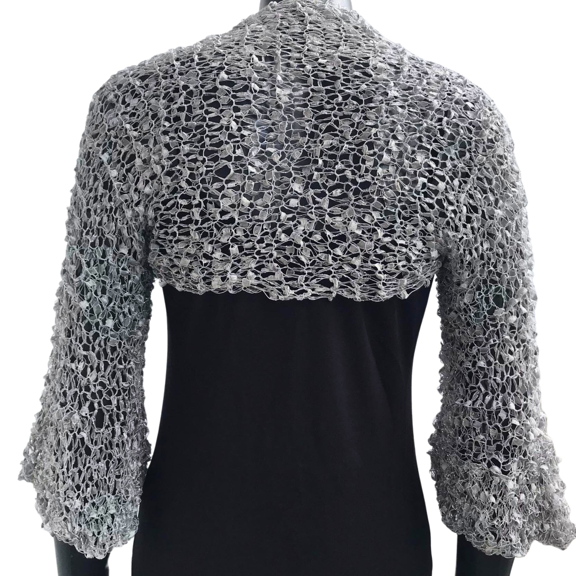 Crocheted Silver Lace Bolero Shrug, Ruffle 3/4 Sleeves, Silky