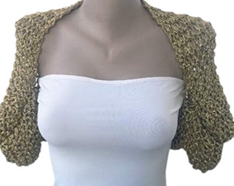 Gold Wedding Crochet Shrug Bolero, Half Sleeves Metallic Brocade Summer Spring Cropped Jacket, Bridal Hand Knit Dance Party Bolero