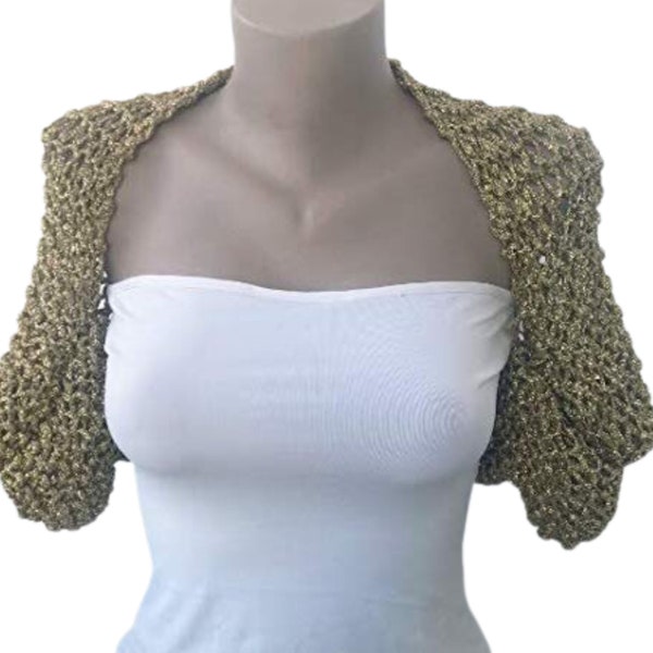 Gold Wedding Crochet Shrug Bolero, Half Sleeves Metallic Brocade Summer Spring Cropped Jacket, Bridal Hand Knit Dance Party Bolero