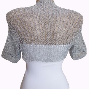 Knit Silver Wedding Bolero Shrug, Fine Brocade Metallic Half Sleeves Jacket, Crochet Summer Beach Disco Cover Up image 3