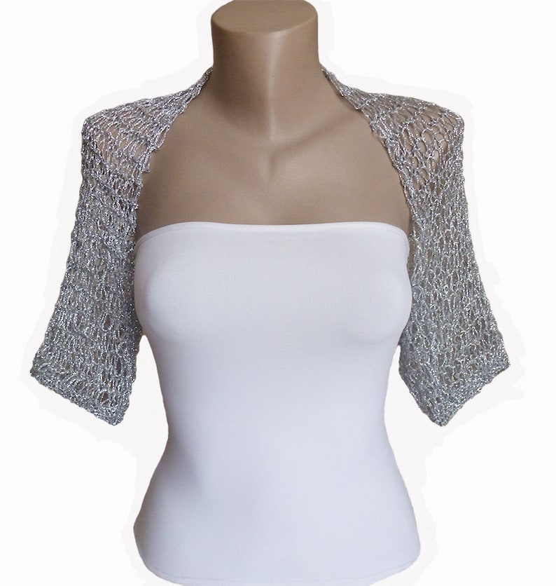 Gebreide zilveren bolero bolero voor bruiloft, fijn brokaat metallic jasje met halve mouwen, zomerse stranddisco-cover-up afbeelding 2