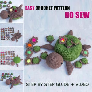May include: A crochet pattern for a no-sew turtle with colorful flowers. The pattern includes a step-by-step guide and video. EASY CROCHET PATTERN NO SEW STEP BY STEP GUIDE + VIDEO