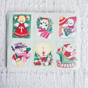 Vintage Christmas Seals, NOS, Dennison- Christmas seal, angel, kitten, stocking, snowman, Santa, candle square seal mint green
