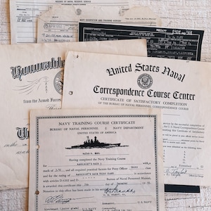Vintage Military Documents, Original Navy Papers, Course certificate, honorable discharge papers, 1950s, Navy occupation history