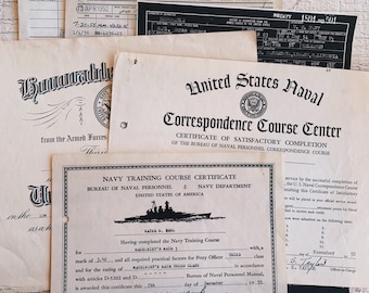ヴィンテージ軍事文書、海軍オリジナル文書、コース証明書、名誉